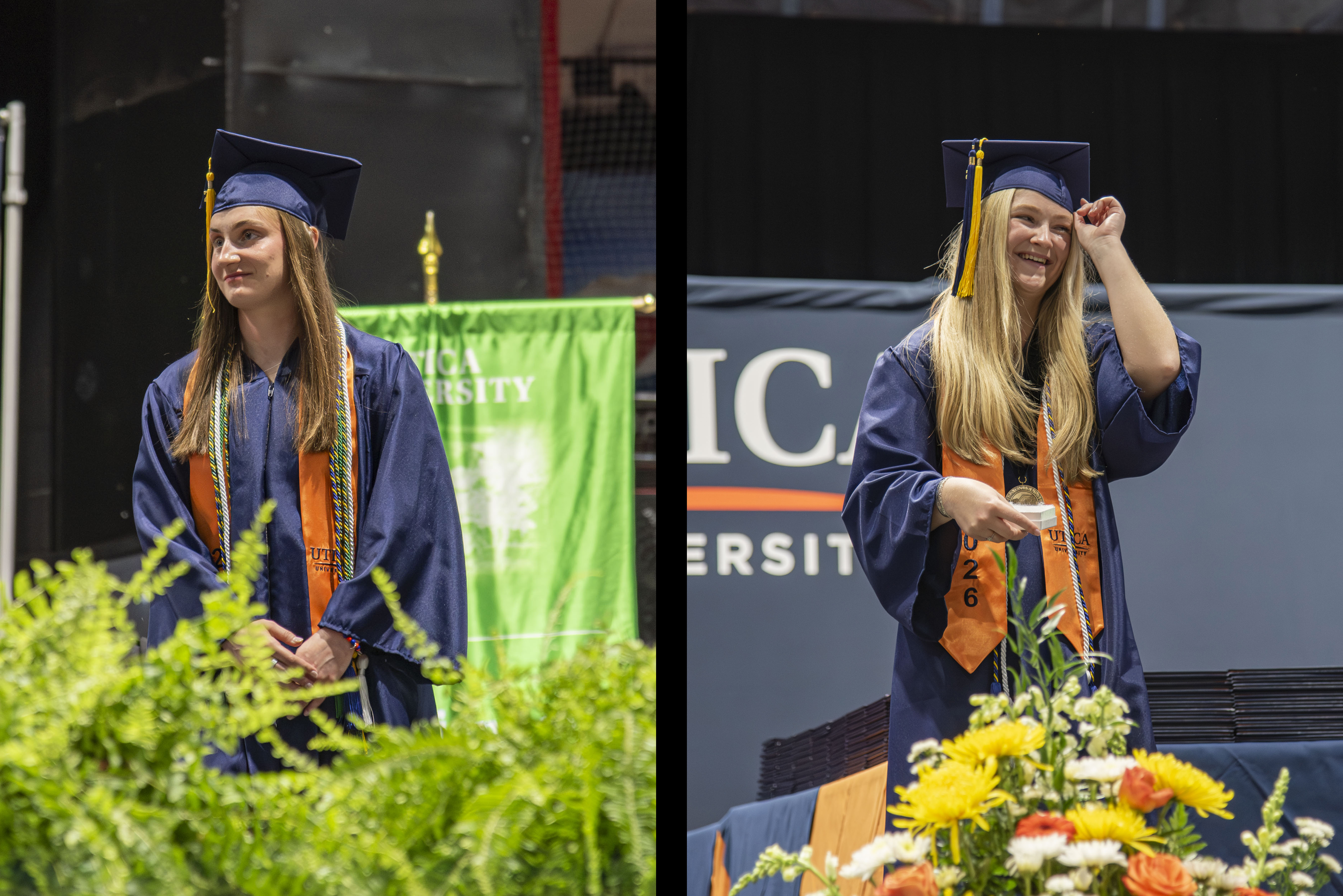 Side by side photos of two women on stage in blue cap and gown at the 2026 Undergraduate Commencement Ceremony.